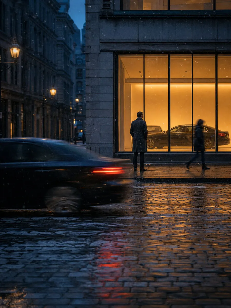 Concessionnaire automobile au crépuscule : feu arrière d'une voiture sur une rue pavée, vitrine éclairée d'une salle de montre, silhouettes de passants.